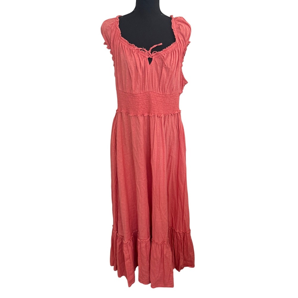 Old Navy Womens Orange Swiss Dot Smocked Waist Tiered Midi Dress L Boho Peasant